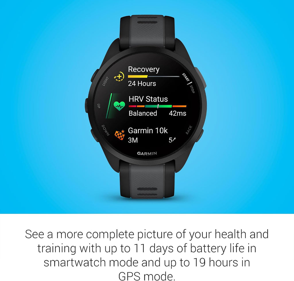 Garmin Forerunner 165 GPS Smartwatch, Black/Slate Gray | AMOLED Display, Daily Workouts, PacePro | Signature Series Modern Power Stand Bundle