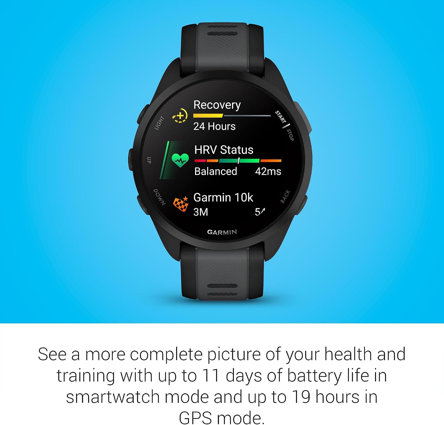 Garmin Forerunner 165 GPS Smartwatch, Black/Slate Gray | AMOLED Display, Daily Workouts, PacePro | Signature Series Modern Power Stand Bundle