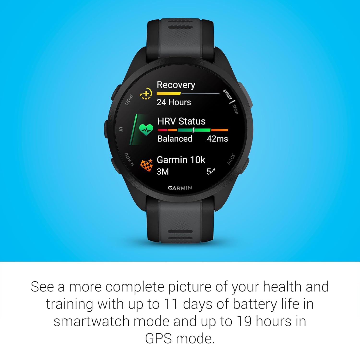 Garmin Forerunner 165 GPS Smartwatch, Mist Gray/Whitestone | AMOLED Display, Daily Workouts, PacePro | Signature Series Modern Power Stand Bundle