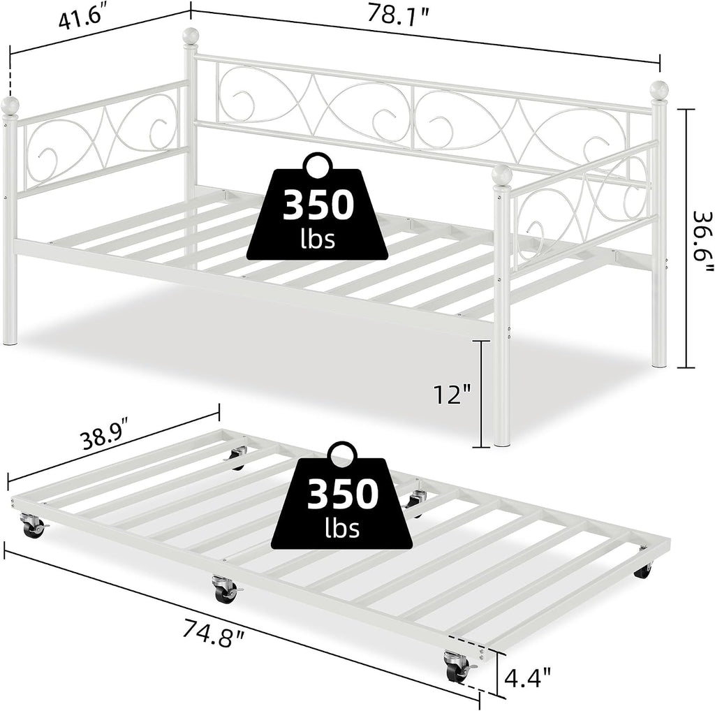 IDEALHOUSE Twin Daybed with Trundle, Metal Trundle Bed, Sofa Bed Frame, Heavy Duty Metal Slats, for Living Room, Bedroom, Guest Room, Space Saving, Modern White