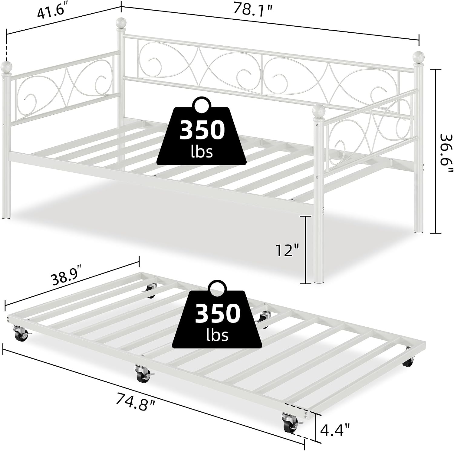 IDEALHOUSE Twin Daybed with Trundle, Metal Trundle Bed, Sofa Bed Frame, Heavy Duty Metal Slats, for Living Room, Bedroom, Guest Room, Space Saving, Modern White
