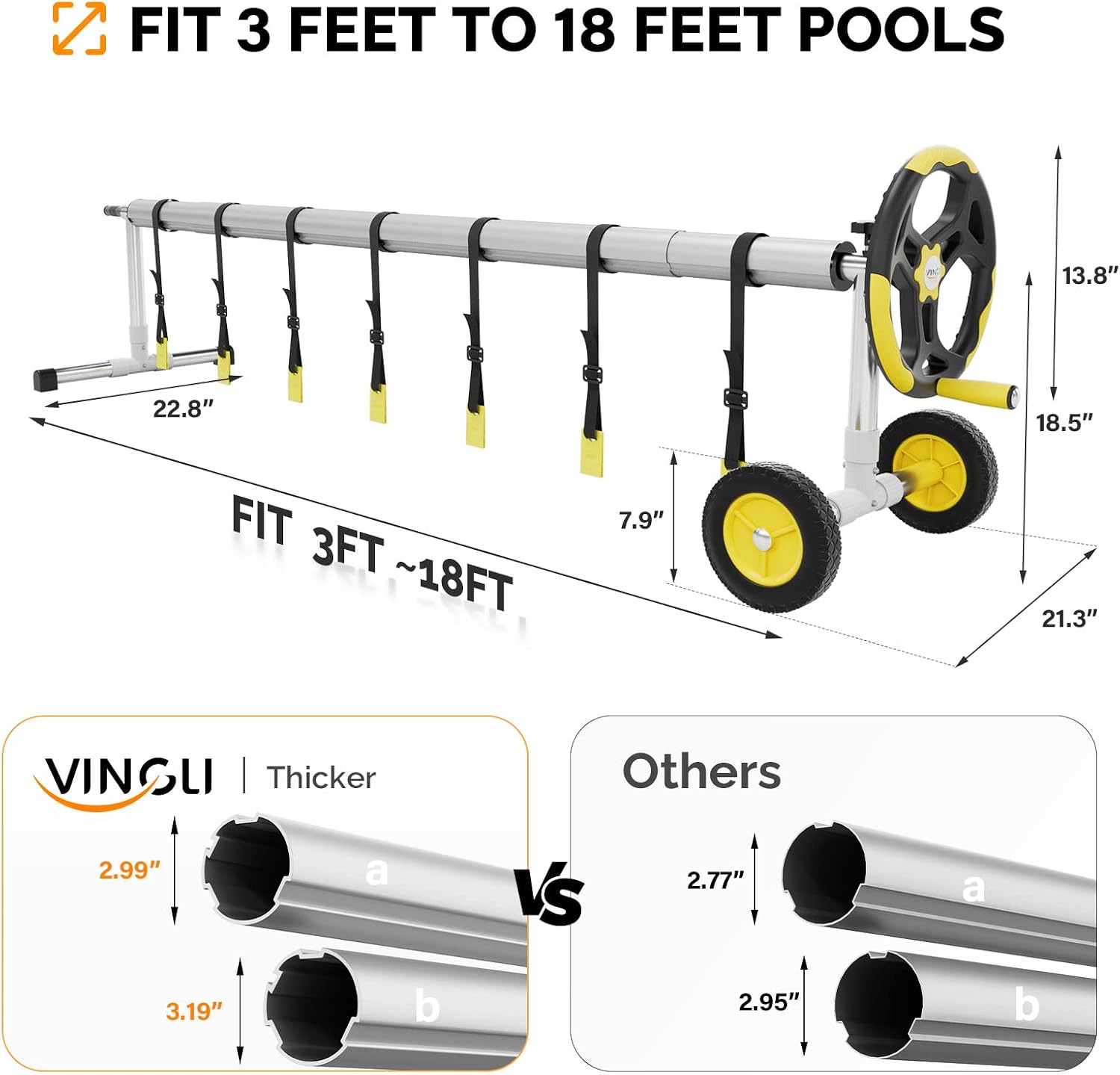 VINGLI Pool Cover Reel Set Solar Pool Cover Reel for Inground Swimming Pool, Aluminum Solar Swimming Inground Cover Blanket Reel (Upgrade) (14 FT)