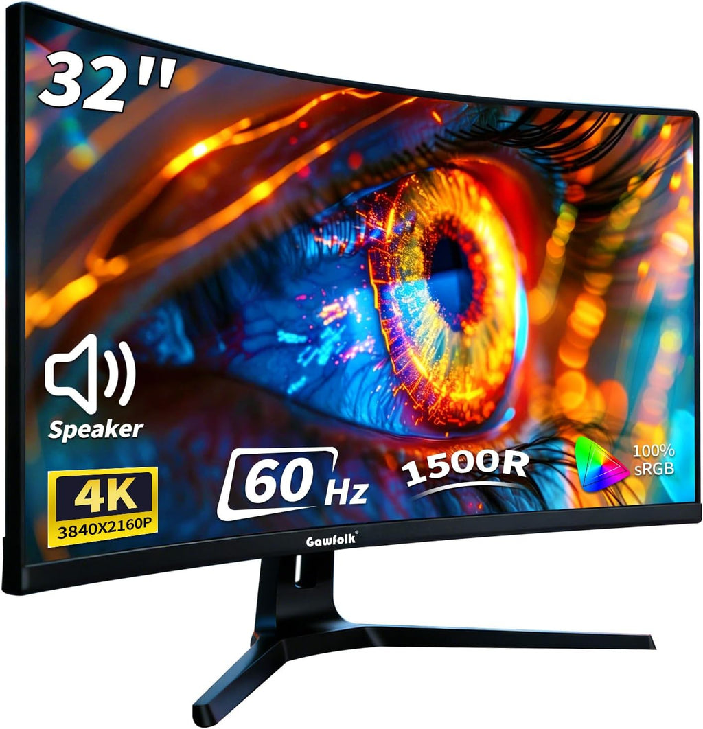 Gawfolk 32 Inch 4K Curved Monitor 60Hz, UHD 3840x2160 PC Monitor with Built-in Speakers, 1500R Computer Screen, FreeSync, Flicker-Free, HDMI/DP, Wall Mountable for Home Office, Gaming, Entertainment