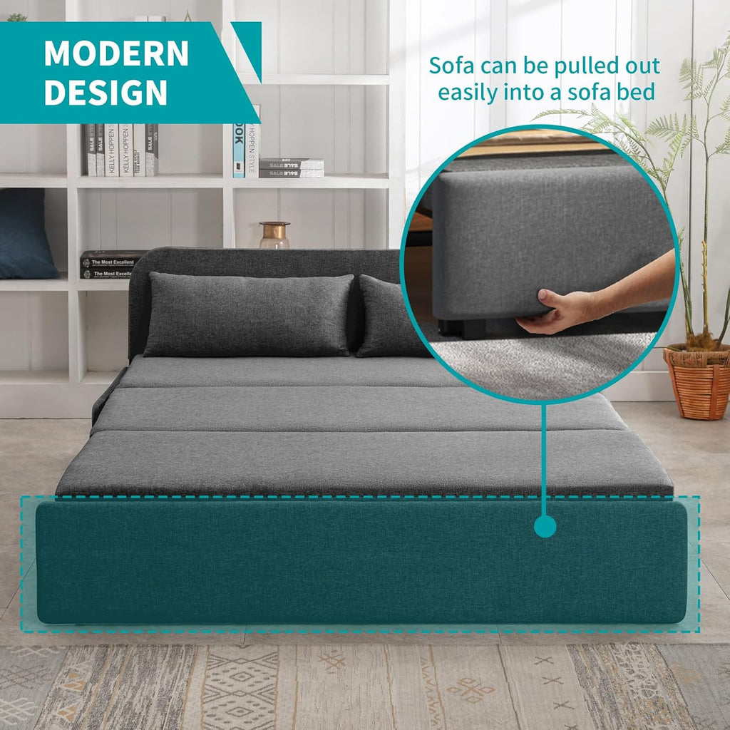 BALUS 61' Queen Sofa Bed Couch Convertible Sleeper with Pullout Beds, Folding Sofabed Guest Bed with 2 Pillows, Tri-fold Mattress Sofas Armless Loveseat for Living Room Apartment Loft - Dark Gray