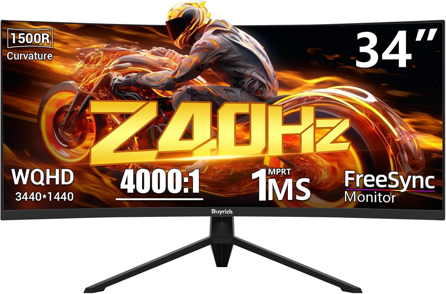 34 Inch Curved Gaming Monitor, 240Hz Refresh Rate, UWQHD (3440x1440), 1500R, 1ms MPRT, 3000:1 Contrast Ratio, Sturdy Metal Stand, VESA Mountable, for PC Gamer and Immersive Gameplay