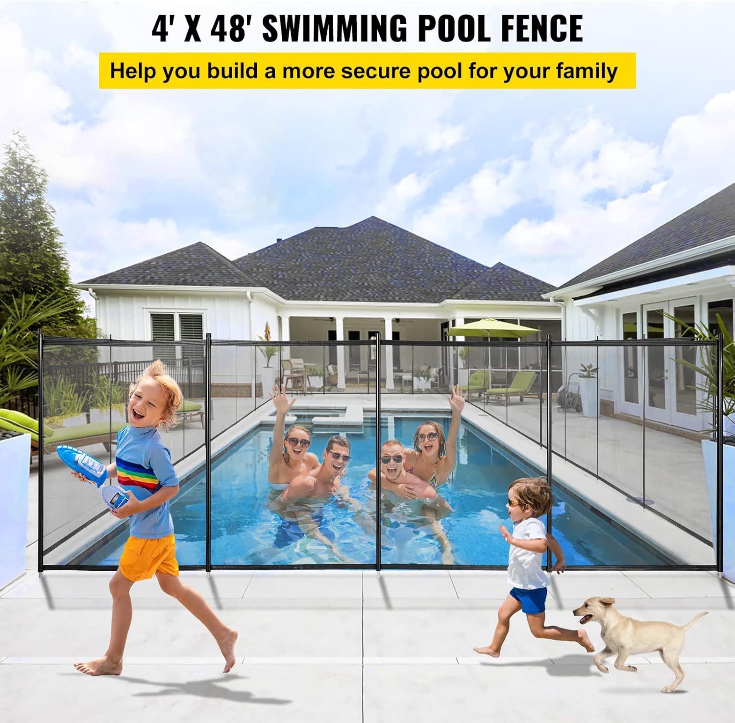 Happybuy Pool Fence, 4FTx 48FT DIY Pool Fences for Inground Pools, Removable Child Safety Pool Fencing, Swimming Pool Fence in Ground for Kids Safety, Black Pool Mesh to Protect Kids