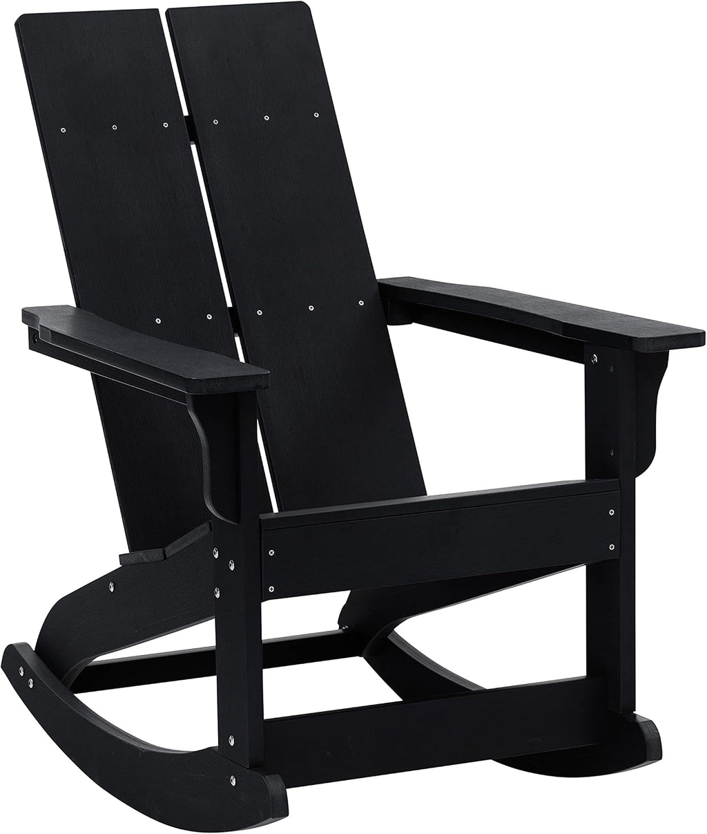 EMMA + OLIVER Harmon Adirondack Rocking Chair - Black Poly Resin - Suitable for Indoor/Outdoor Use - All Weather Materials - Easy Assembly - 350 lb. Weight Capacity