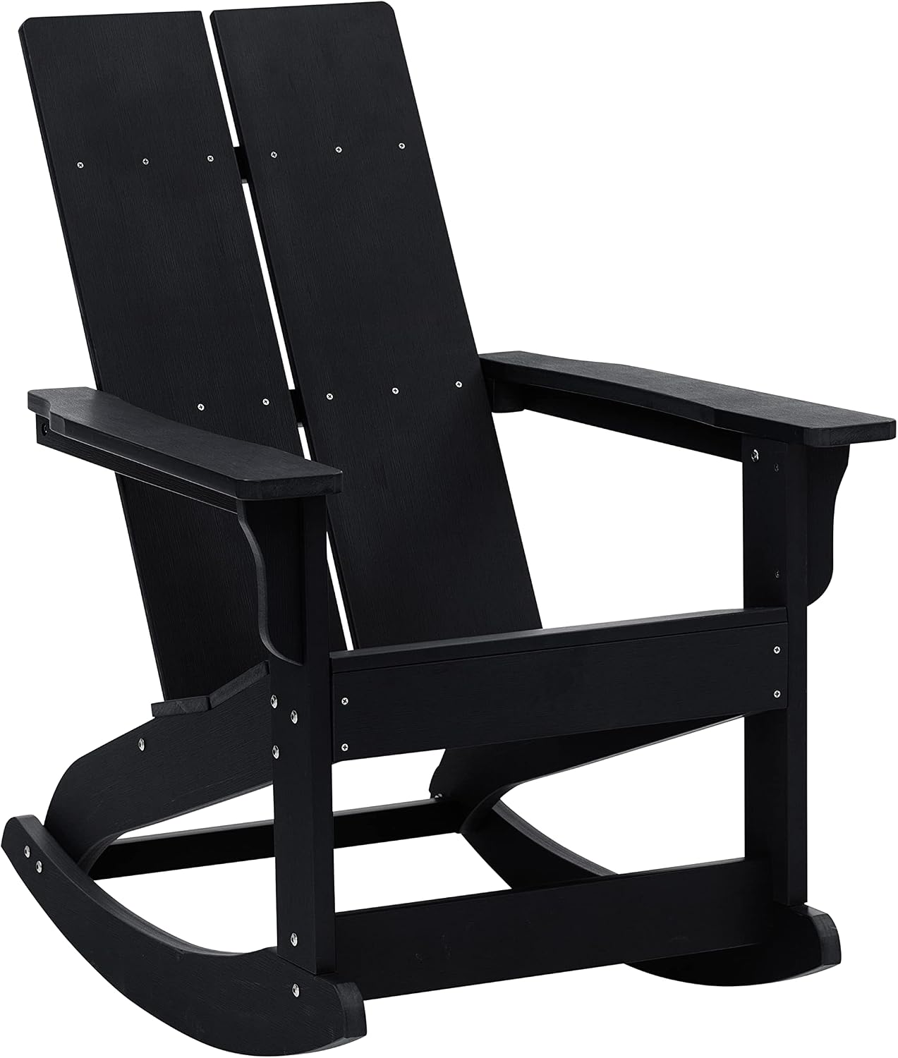 EMMA + OLIVER Harmon Adirondack Rocking Chair - Black Poly Resin - Suitable for Indoor/Outdoor Use - All Weather Materials - Easy Assembly - 350 lb. Weight Capacity