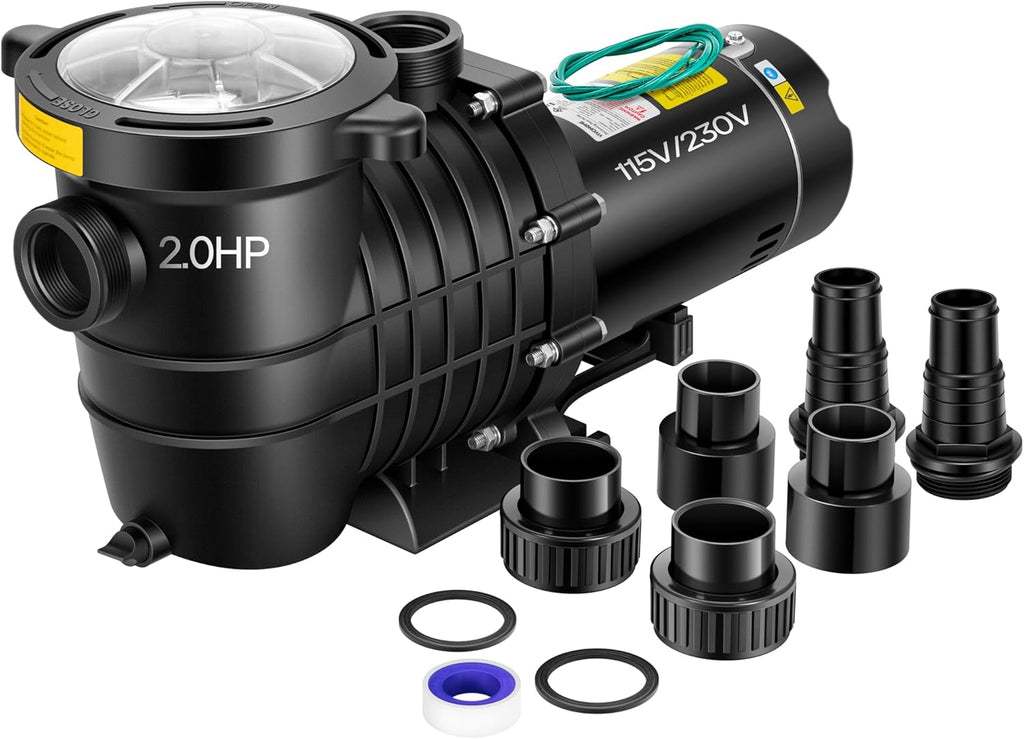 VIVOHOME 2.0HP Pool Pump - 115V/230V Self-Priming Motor - In-Ground/Above Ground - 6800GPH Energy Efficient - 1.5', 2', and 1.25'-1.5' Connectors w/Strainer Basket