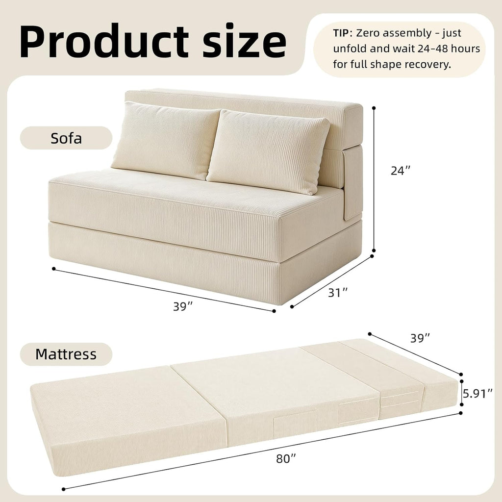 Folding Sofa Bed,Convertible Sleeper Chair with Pillow, Loveseat Fold Out Chair Bed, Memory Foam Floor Couch Mattress, Foldable Futon Couch Lounge for Living Room (Beige-Corduroy, Twin XL)