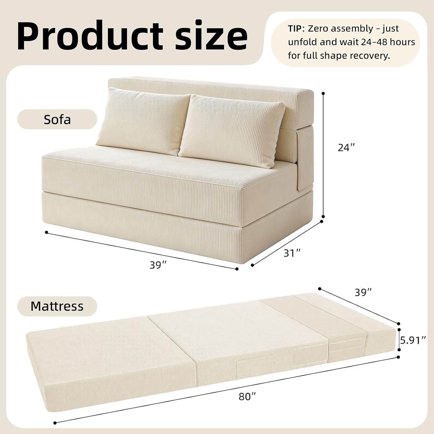 Folding Sofa Bed,Convertible Sleeper Chair with Pillow, Loveseat Fold Out Chair Bed, Memory Foam Floor Couch Mattress, Foldable Futon Couch Lounge for Living Room (Beige-Corduroy, Twin XL)