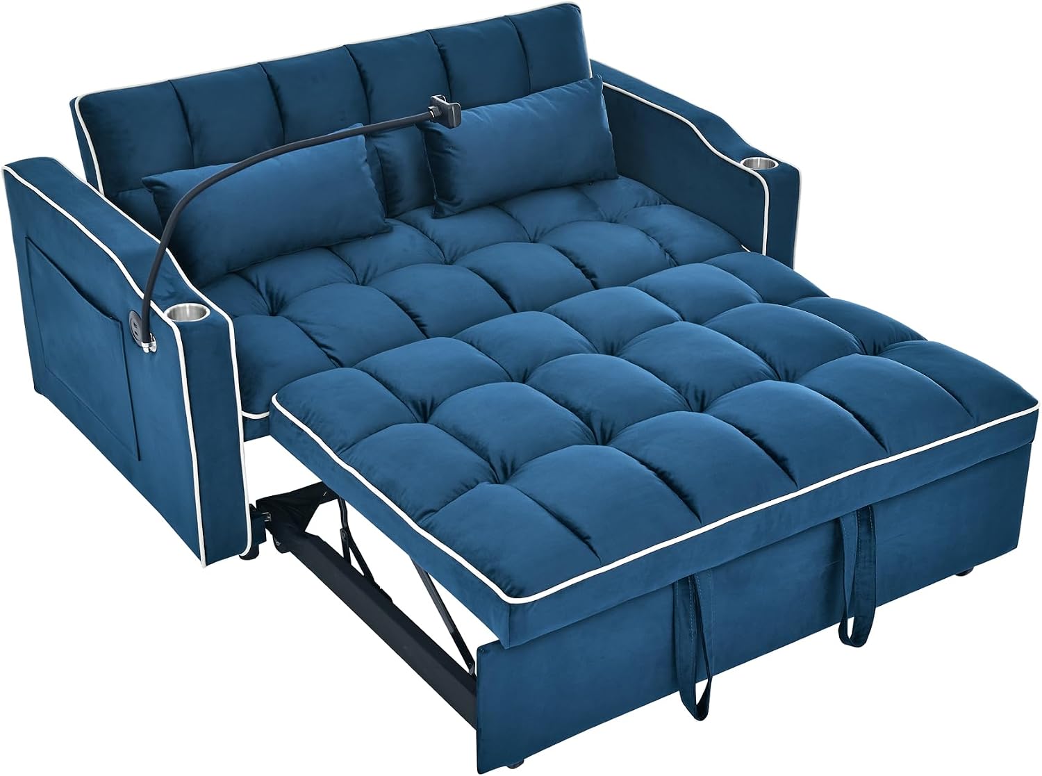 Merax Foldable Sofa Bed with USB Charging Ports, Pull Out Velvet Loveseat Sleeper with Phone Holder, Modern Futon Couch with Cup Holders & Adjustable Backrest for Living Room, Blue
