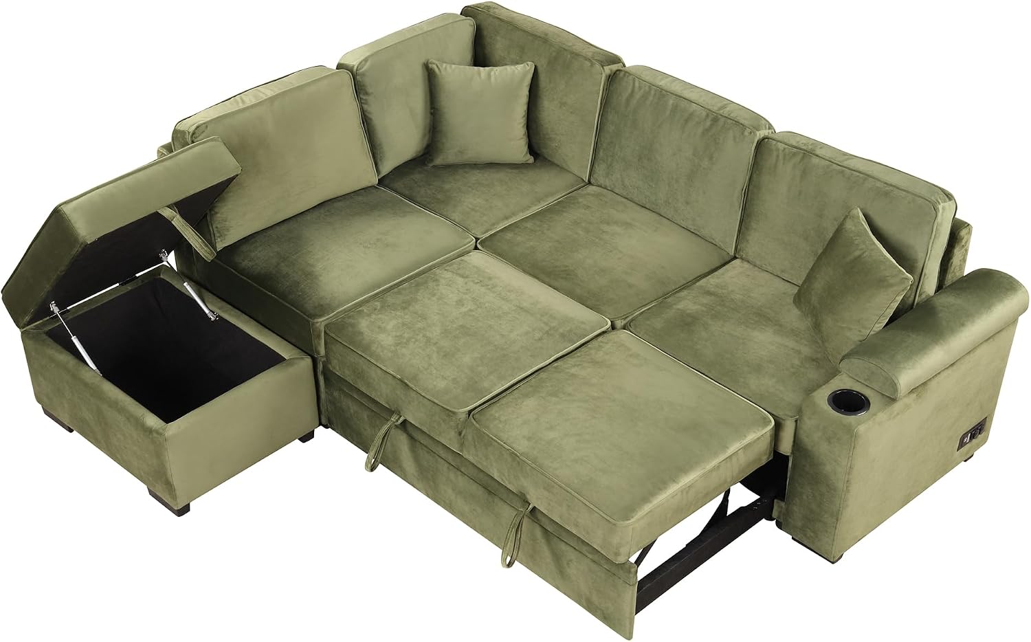 LUMISOL 87' Convertible Sleeper Sofa with Storage Ottoman, L-Shaped Sofa Bed with Cup Holder & USB Charging Stations, Pull Out Sofa Couch with Chaise for Living Room, Green