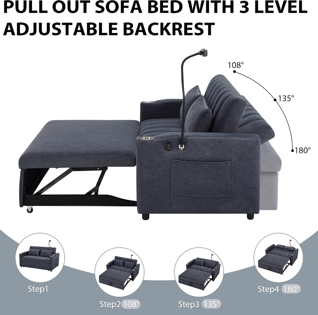 LUMISOL 3-in-1 Convertible Sleeper Sofa Bed, 55.9' Loveseat Pull Out Bed with USB Ports, Cup Holders, Swivel Stand & Storage Pockets, Modern Tufted Sofa Bed with Pillows, Blue Grey