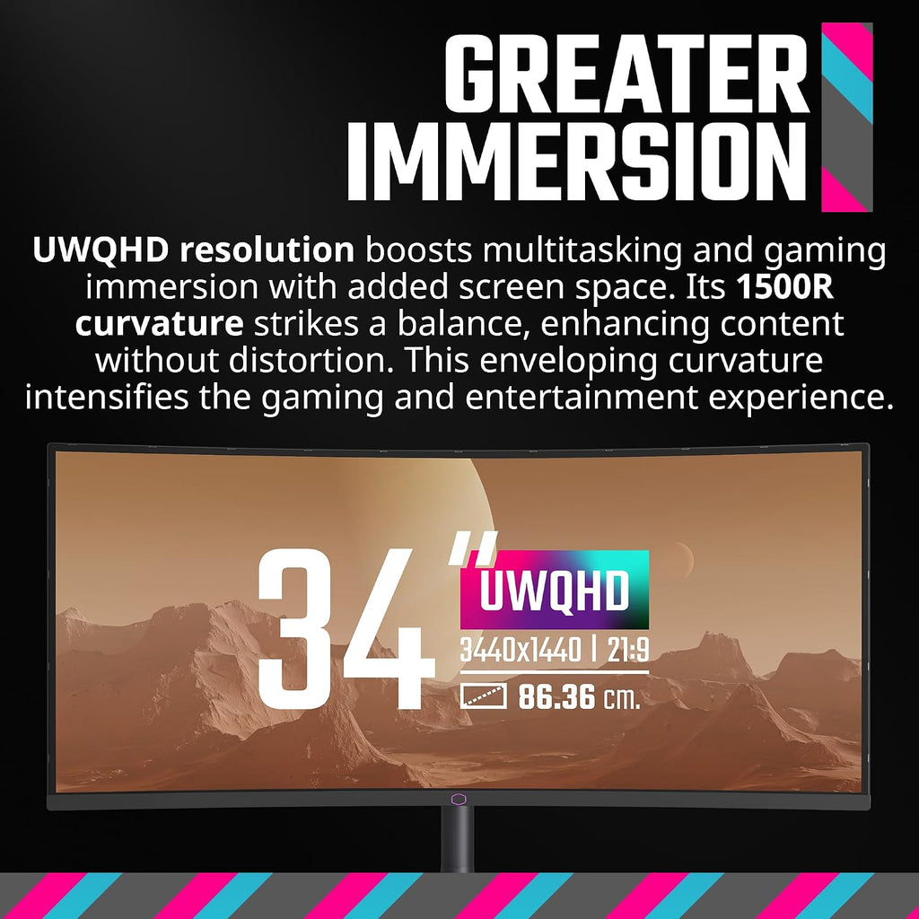 Cooler Master GM34-CWQ2 34' Curved UWQHD 3440 x 1440 VA Quantum Dot Gaming Monitor | Up to 180Hz | Up to 0.5ms | Curve 1500R | FreeSync Premium|Nvidia | HDR Support |DP1.4 * 1 | HDMI2.0 * 2