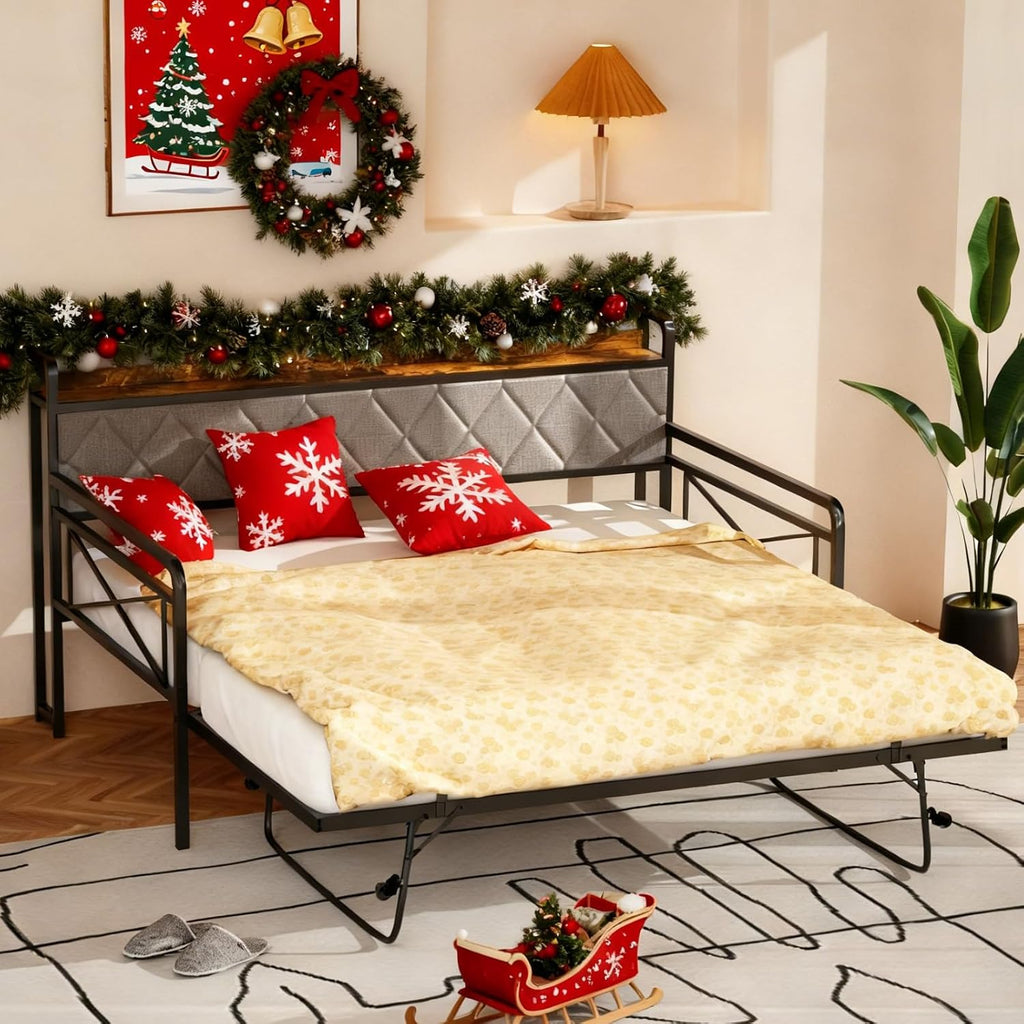 VINGLI Full Daybed with Trundle Bed, Upholstered Day Bed with LED Light & Charing Station, Sofa Bed Frame with Storage Headboard and Heavy Duty Metal Slats, for Living Room, Bedroom, Guest Room, Gray
