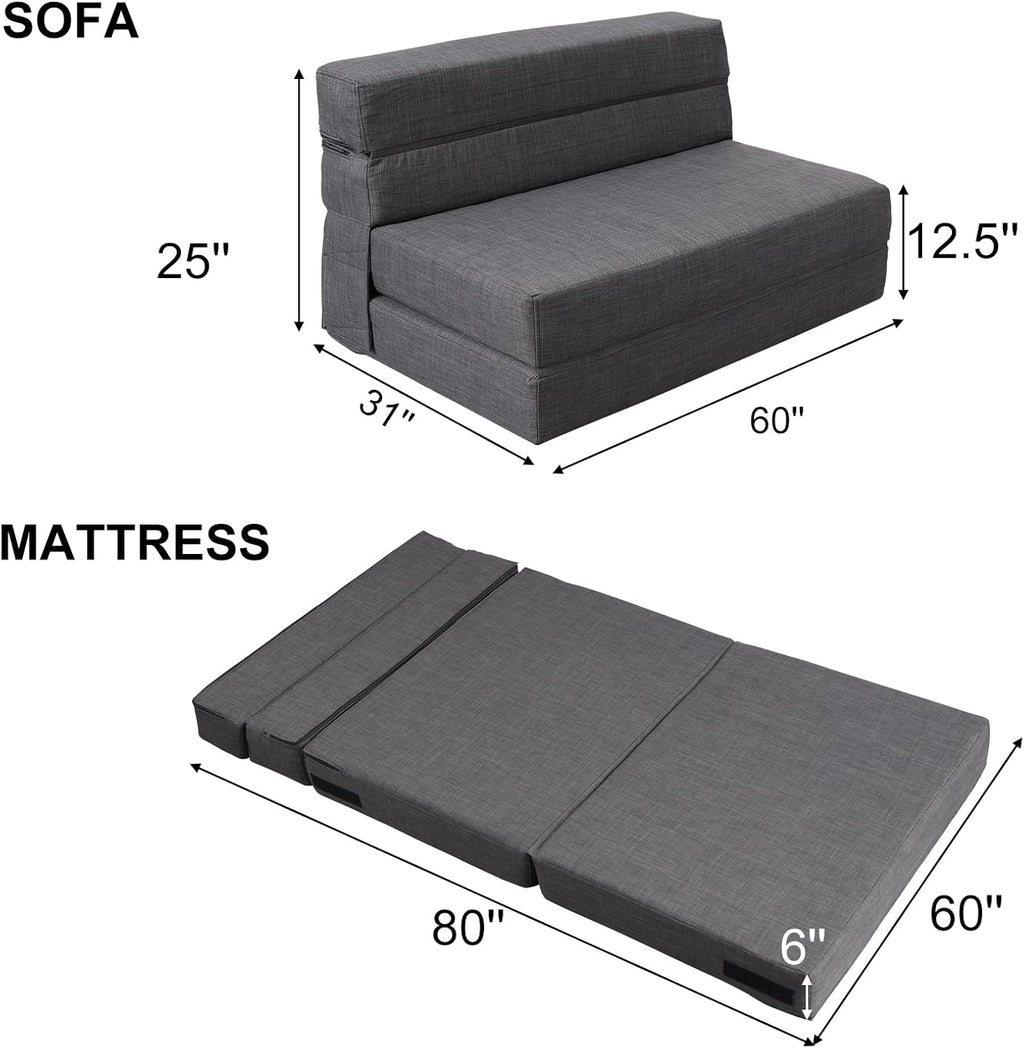 ANONER 60' Fold Sofa Bed Couch Memory Foam with 2 Pillows Futon Sleeper Chair Guest Bed and Fold Out Couch, Washable Cover Queen Size, Dark Gray