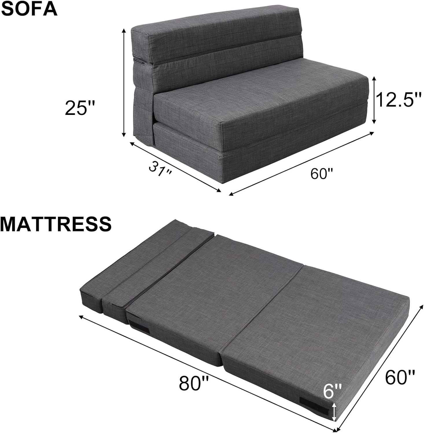 ANONER 60' Fold Sofa Bed Couch Memory Foam with 2 Pillows Futon Sleeper Chair Guest Bed and Fold Out Couch, Washable Cover Queen Size, Dark Gray