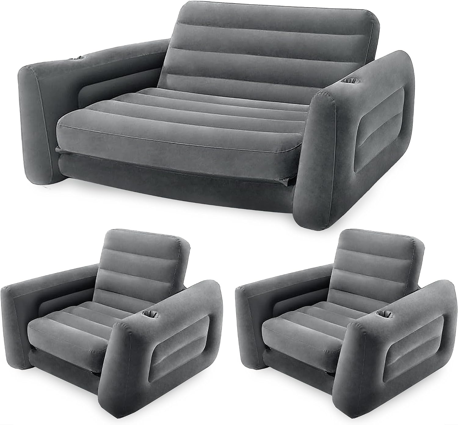 Intex Inflatable Furniture Set with Queen Sized Pull-Out Sofa Bed and 2 Sofa Sleepers, Gray - Air Mattress, Portable Couch, Lounge Chairs, Guest Beds