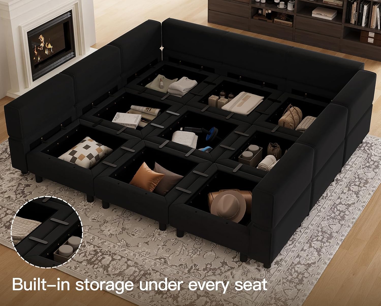 Belffin Modular Sectional Sofa with Ottomans Velvet Reversible Sleeper Chaise Bed Storage Seat Black