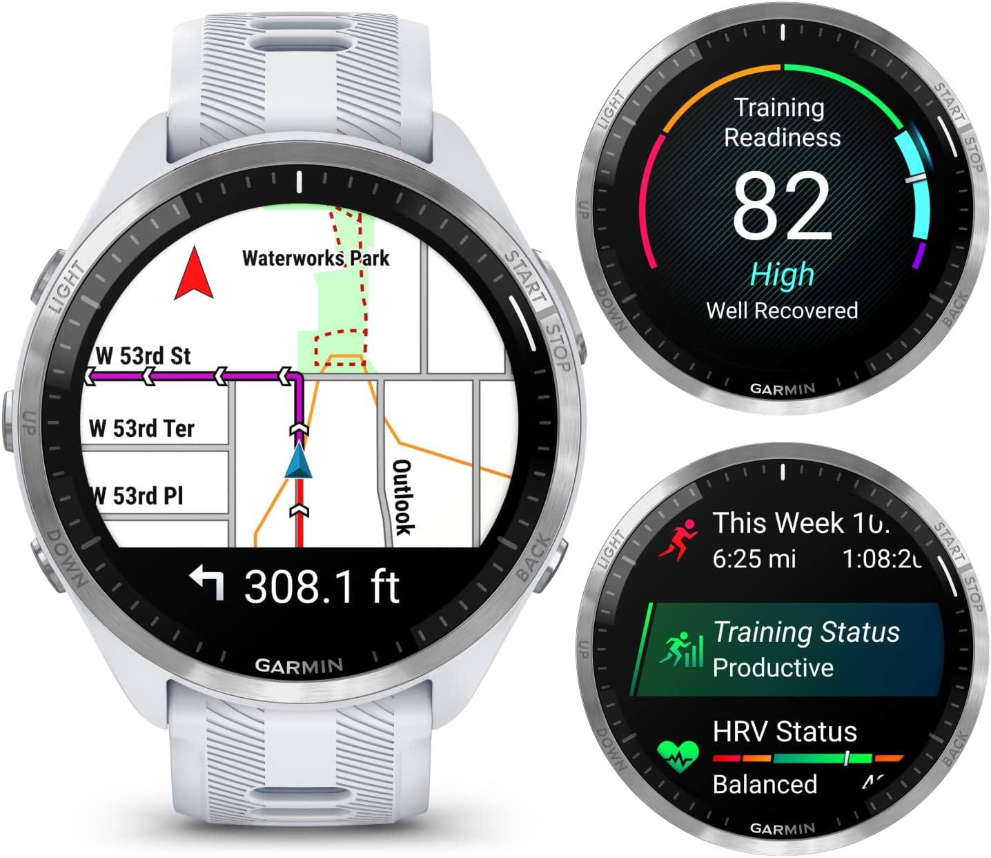 Garmin Forerunner 965 Premium GPS Running and Triathlon 47mm Smartwatch with AMOLED Touchscreen Display, Titanium Bezel Whitestone Silicone Band White Earbuds Bundle, White +Wht EarBuds