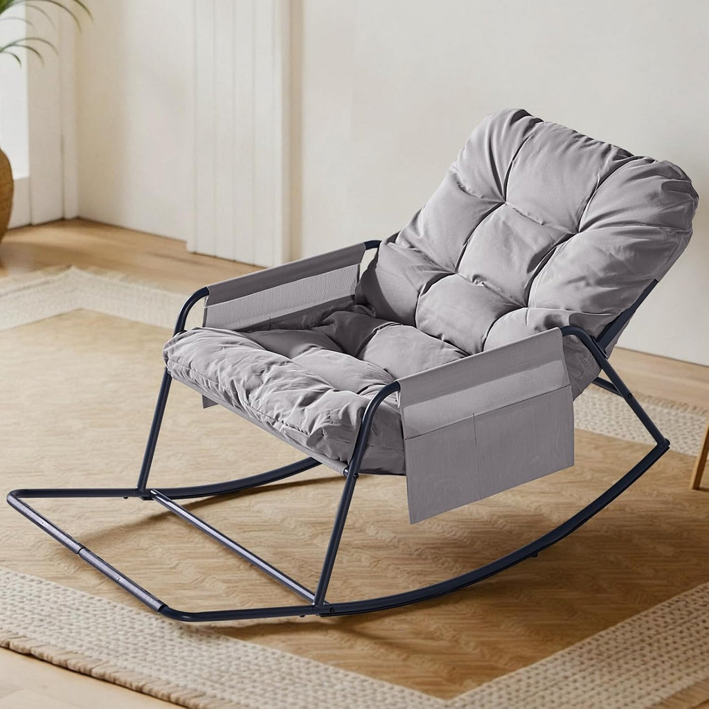 Outdoor Rocking Chair, Modern Cozy Lounge Patio Rocker, Indoor Reading Chair with Side Pockets, Anti-Slip Base for Bedroom, Living Room, Porch, Garden, Lawn