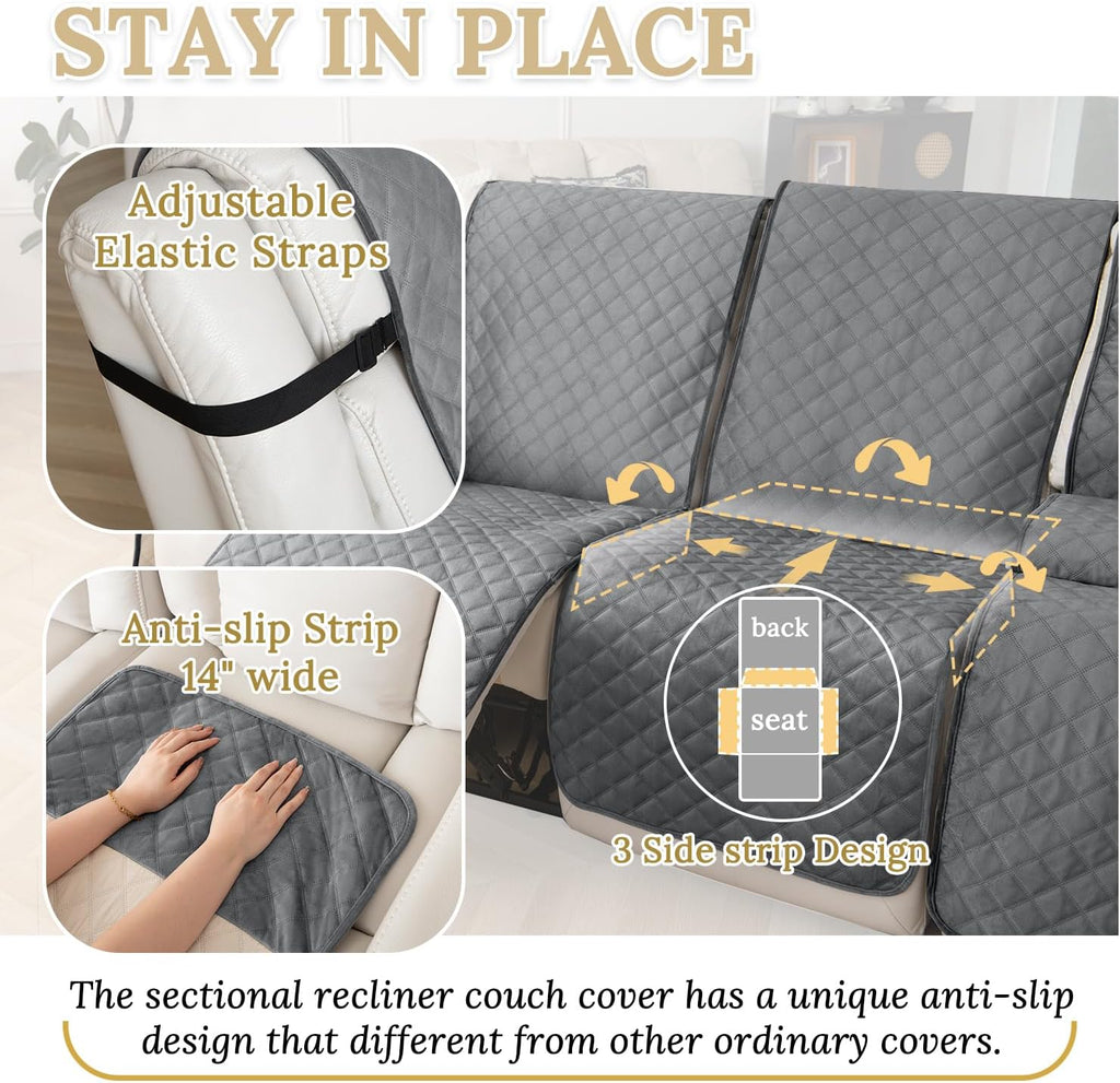 HDCAXKJ 100% Waterproof Velvet Recliner Sectional Couch Covers L Shaped Corner Reclining Sofa Cover Washable Thick Non Slip Sectional Slipcover with Pockets (5 Seat Recliner Couch, Grey)