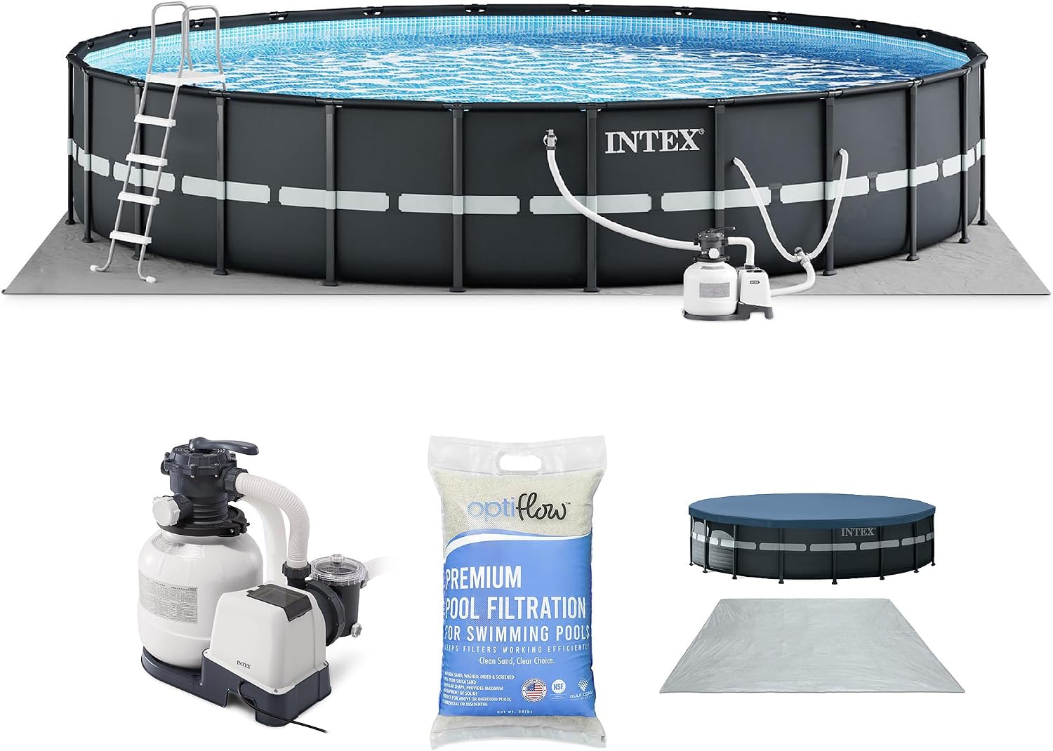 Intex Above Ground Swimming Pool Set, Ultra XTR 18' x 52' Round Frame Bundled with OptiFlow Premium Pure Silica Filter Pool Sand, 50 lb Bag