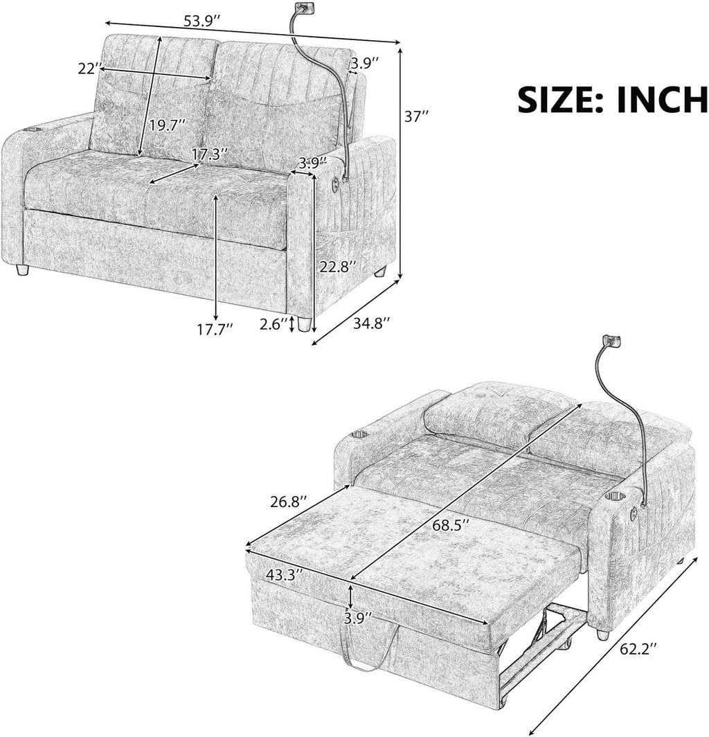 Merax Chenille 3-in-1 Pull Out Sleeper Sofa Bed Couch, 54' Convertible Futon Loveseat with Adjustable Backrest, 2 Cup Holders, Phone Stand, 3 Charging Ports and Storage Pockets for Living Room, Beige