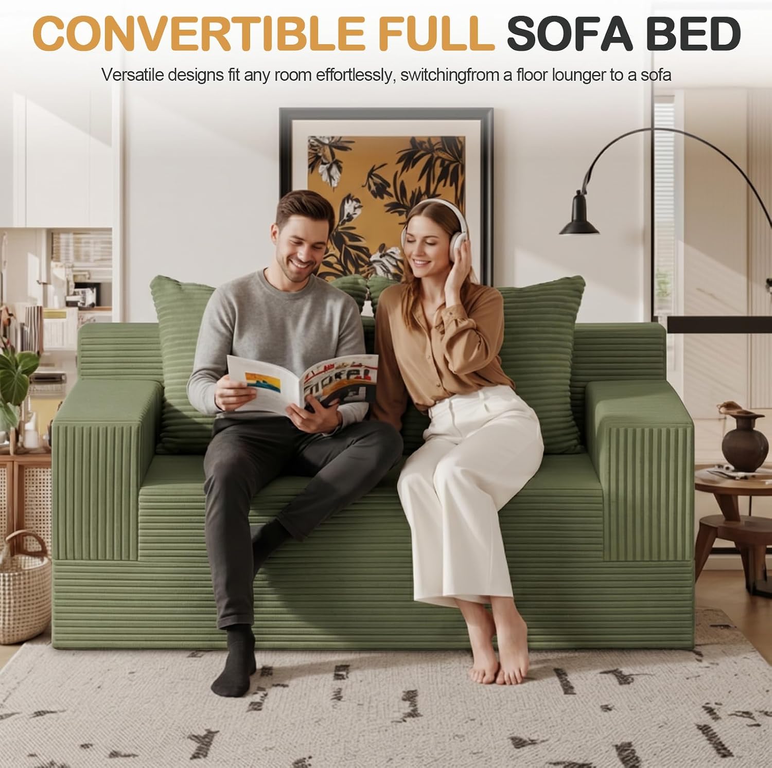 Erament Boneless Loveseat Convertible Sofa Bed, Folding Floor Futon Sleeper Sofa Couch Bed- Boneless Foldable Couch, Corduroy Pull Out Sofa Bed with 2 Pillows for Living Room & Bedroom