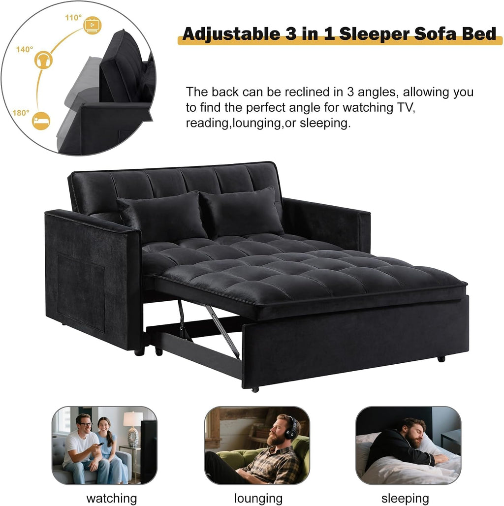 Convertible Sofa Bed, Pull Out Sofa Bed with Adjustable Backrest, 3 in 1 Velvet Fabric Loveseat Sleeper Sofa Bed Couch with Side Pockets for Living Room, Bedroom, Apartment, Black
