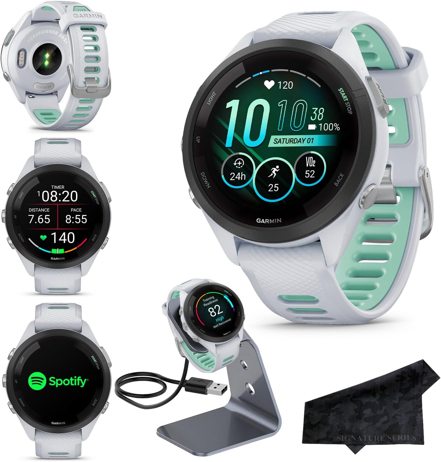 Garmin Forerunner 265S Advanced Multisport Touchscreen Smartwatch, Whitestone, Heart Rate Monitor, Daily Suggested Workouts, Up to 15 Day Battery Life - Signature Charging Bundle