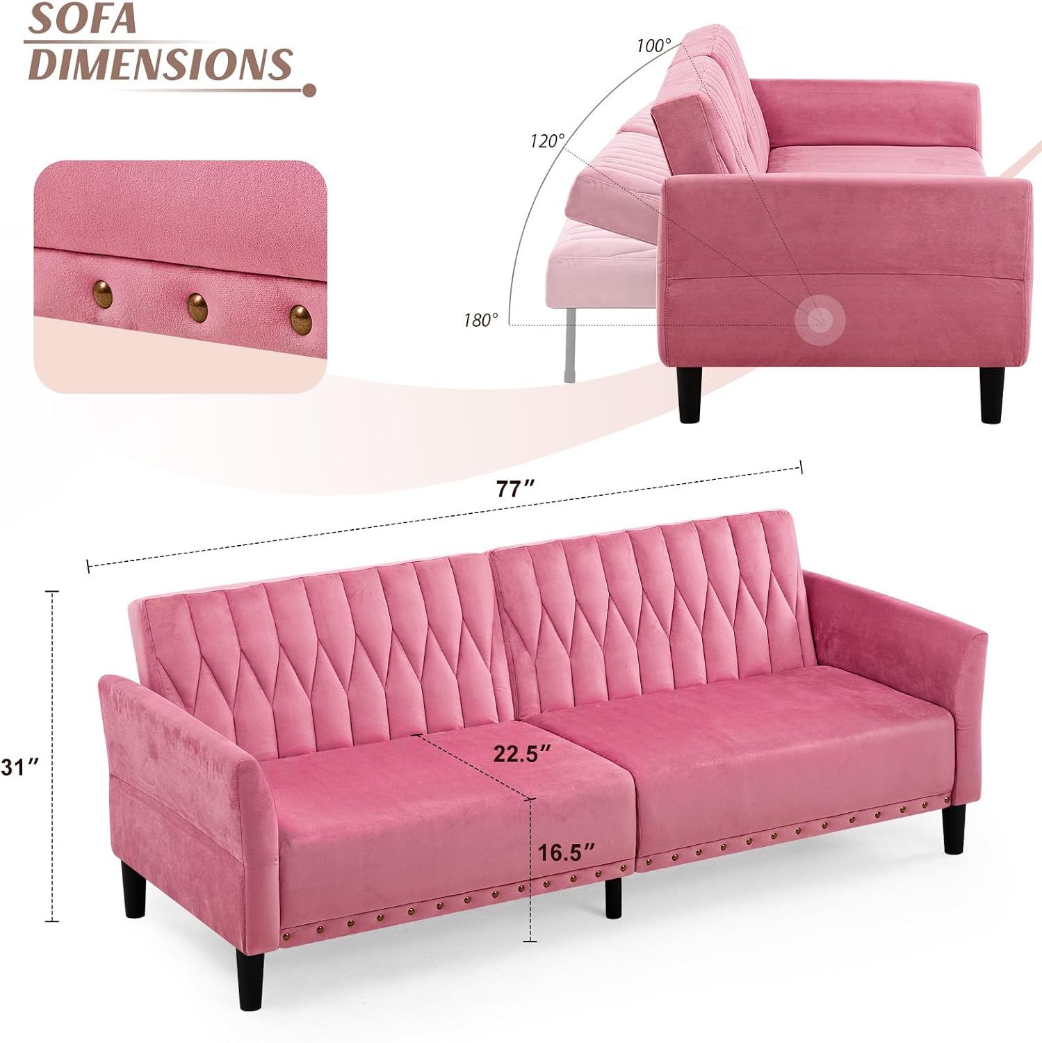 77' Velvet Sofa Bed with Adjustable Armrests and Backrests,Tufted Convertible Futon Couch with Nailhead Trim, Loveseat Modern Velvet Sleeper Sofa for Living Room,Bedroom,Office,Pink