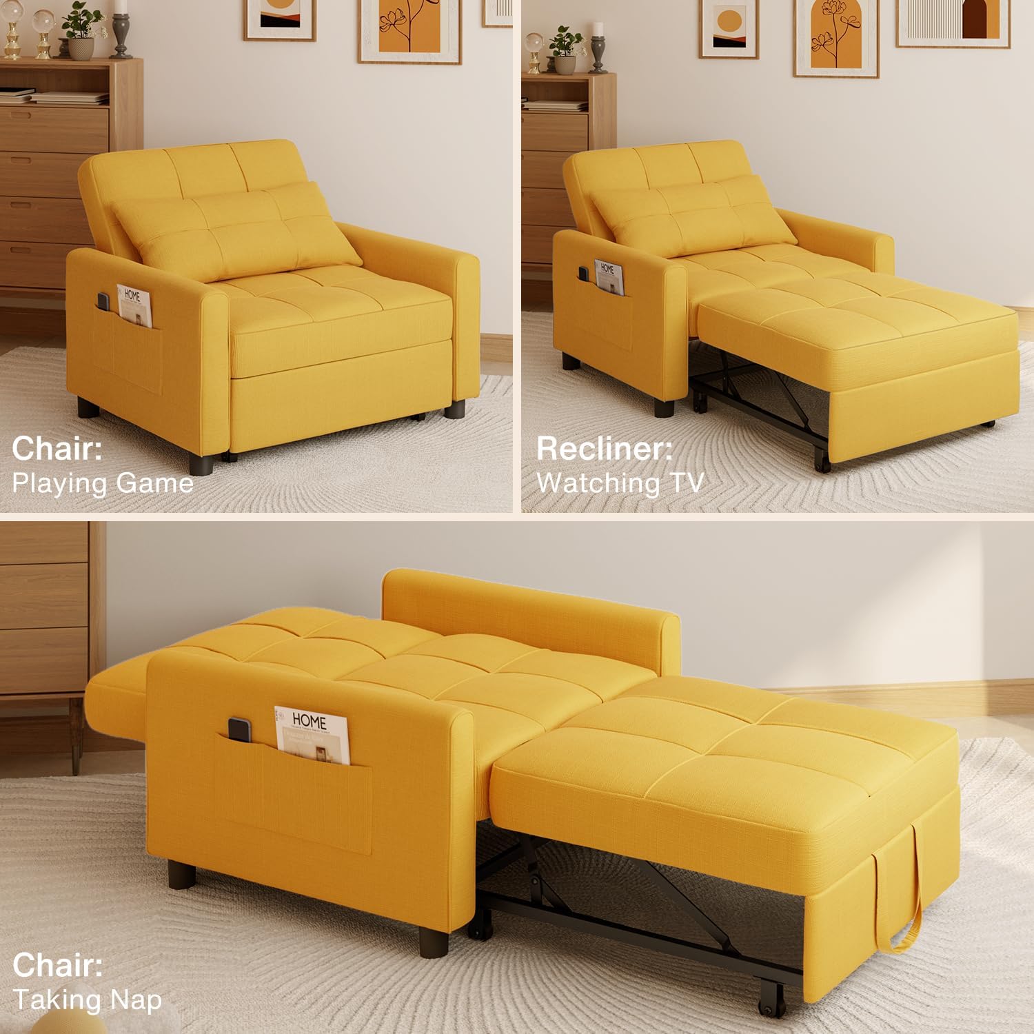 Aiho Convertible Sleeper Sofa Chair Bed, 3-in-1 Adjustable with Pillow & Pocket - Multi-Functional in Modern Linen Fabric for Apartment, Yellow