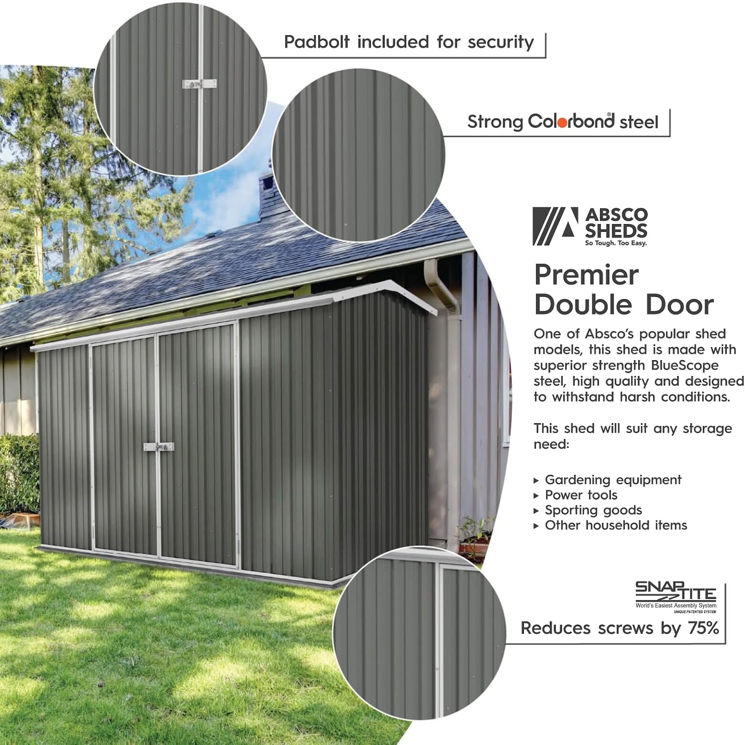 Absco Premier Storage Sheds, 10'x5' Metal Garage, DIY Backyard Shed, Utility Tool Storage, Weather & Wind Resistant Aluminum Panels & Steel Frame, Maintenance-Free, 12 Year Warranty, Woodland Gray