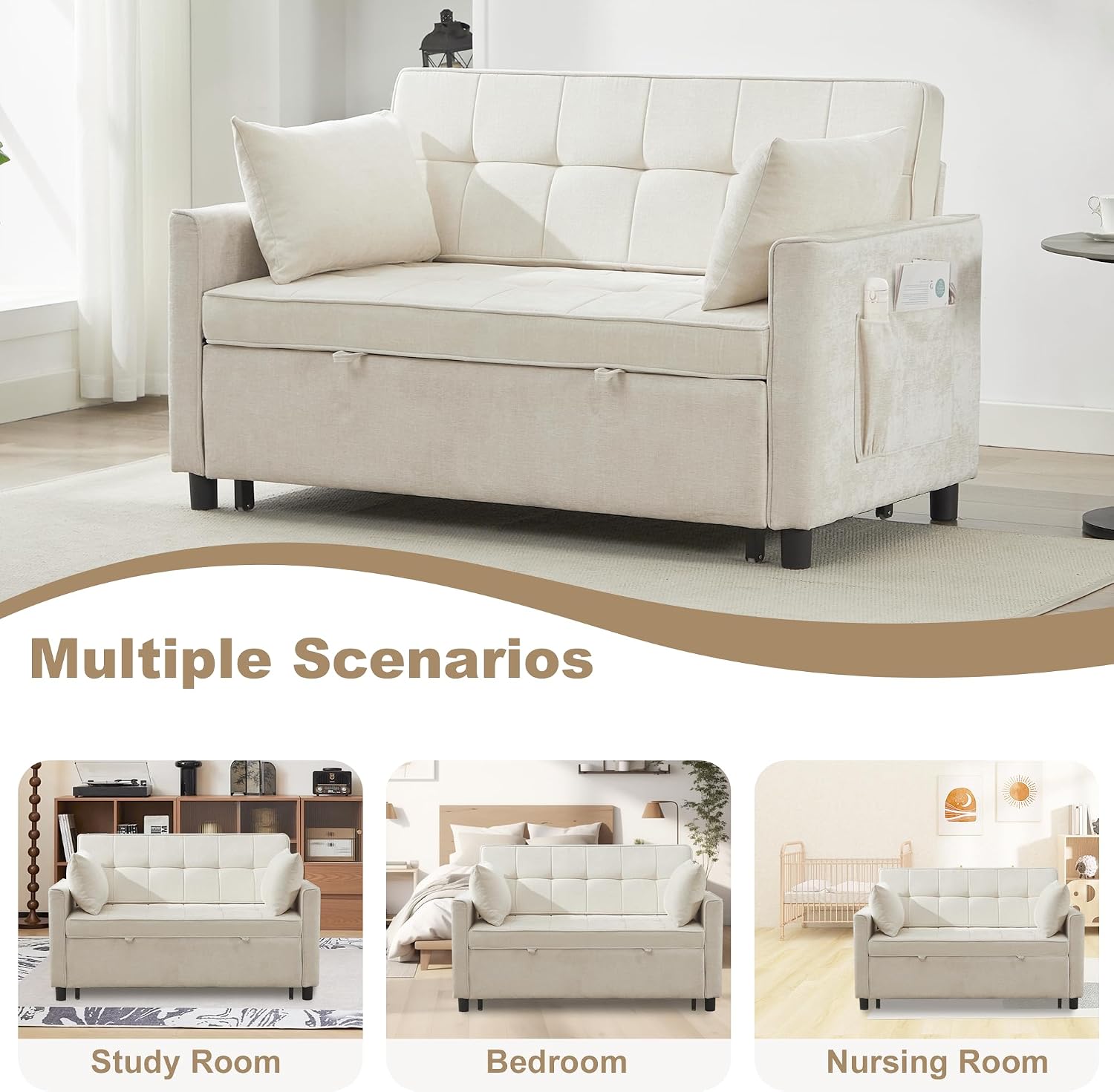 Tbfit 57' Convertible Sofa Bed, Chenille Futon Sleeper Sofa Couch with Pullout Bed, USB & Adjustable Backrest, Full Size Pull Out Loveseat Couches for Living Room, Apartment, Office, Dorm, Beige