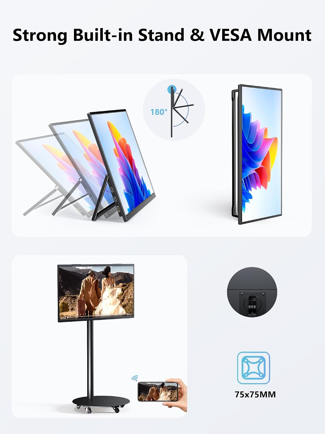 Wireless Portable Monitor with Battery, Wireless Monitor for Laptop-15.6' 1080P FHD Travel Monitor for Laptop, Support AirPlay Miracast for Windows/Mac/Android/iOS
