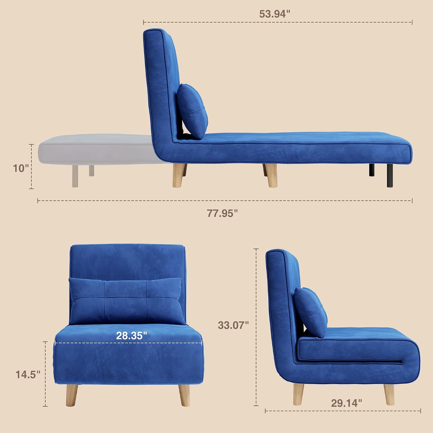 Aiho 3 in 1 Sleeper Chair, Convertible Futon Chair Bed, Velvet Sofa Bed with Adjustable Backrest, Living Room Chair for Apartment/Bedroom/Guest Room, Blue