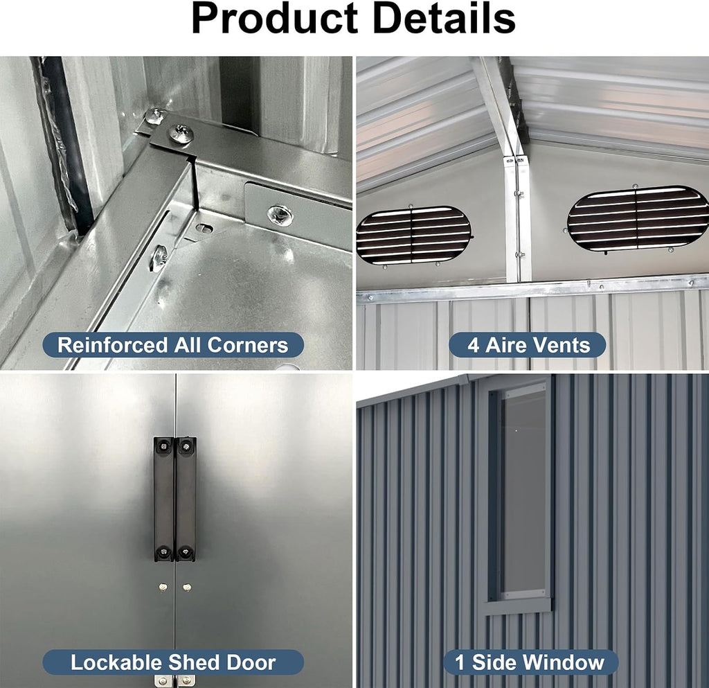 8x10FT Outdoor Storage Shed, Galvanized Steel Metal Storage Shed with Lockable Doors, Storage Sheds Outdoor Without Floor, Ventilation, Sloped Roof Metal Building for Tools (8x10 FT Steel)