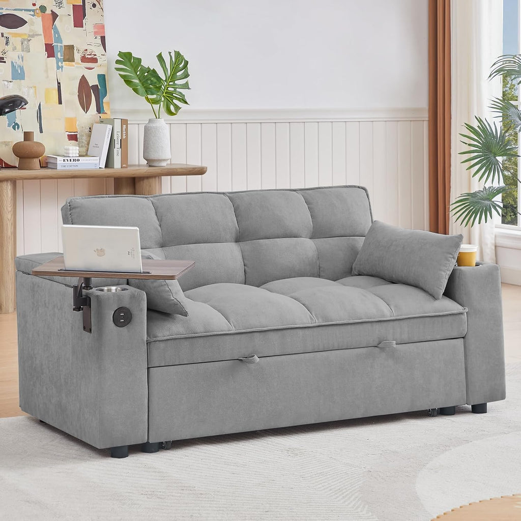 Auvsoce 65'' Convertible Sleeper Sofa Bed with Adjustable Backrest, Chaise Lounge, Side Table & USB/Type-C Ports – Stylish & Functional Addition to Any Living Room (Light Grey)