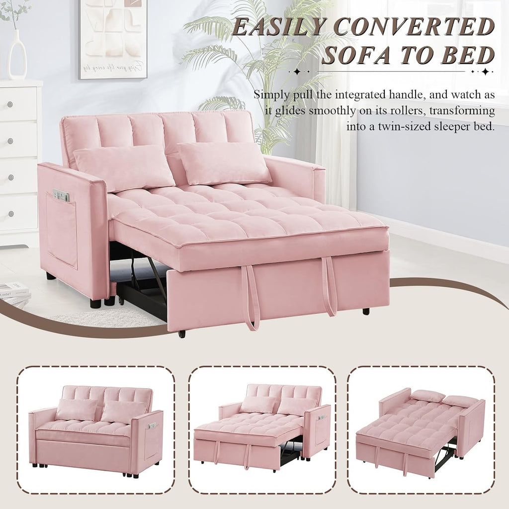 3 in 1 Convertible Sleeper Sofa Bed, Futon Couches for Living Room with Side Pocket/Adjustable Backrest, Velvet Upholstered Pull Out Couch, Small Loveseat Sofa Bed for Bedroom Office Small Spaces