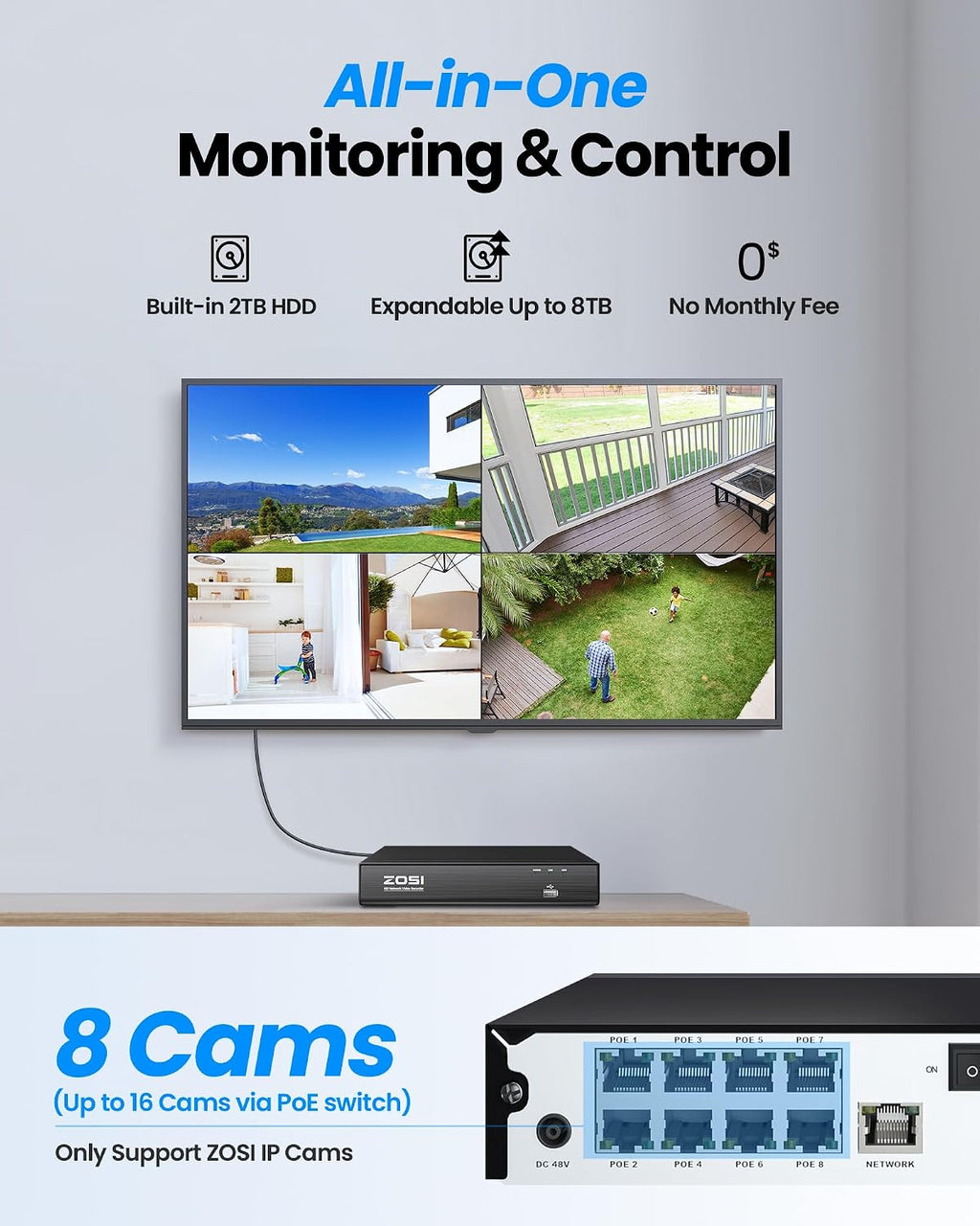 ZOSI C290 4K 8CH POE Security Camera System (Up to16CH), 4 x 8MP Wired PoE IP Dome Cameras Outdoor Indoor, 360 View, AI Human/Vehicle/Face Detection, Two-Way Talk, Siren Alarm, Auto Tracking, 2TB HDD