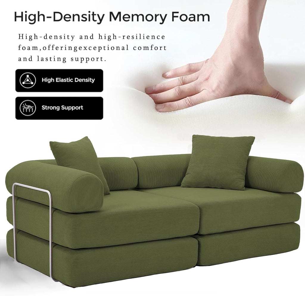 73' Convertible Modular Folding Sofa Bed, 5-in-1 DIY Combination Fold Out Sleeper Sofa Bed, Loveseat sleeper Couch with Removable Armrests, Corduroy Floor Couch, Small couches for small spaces, Green