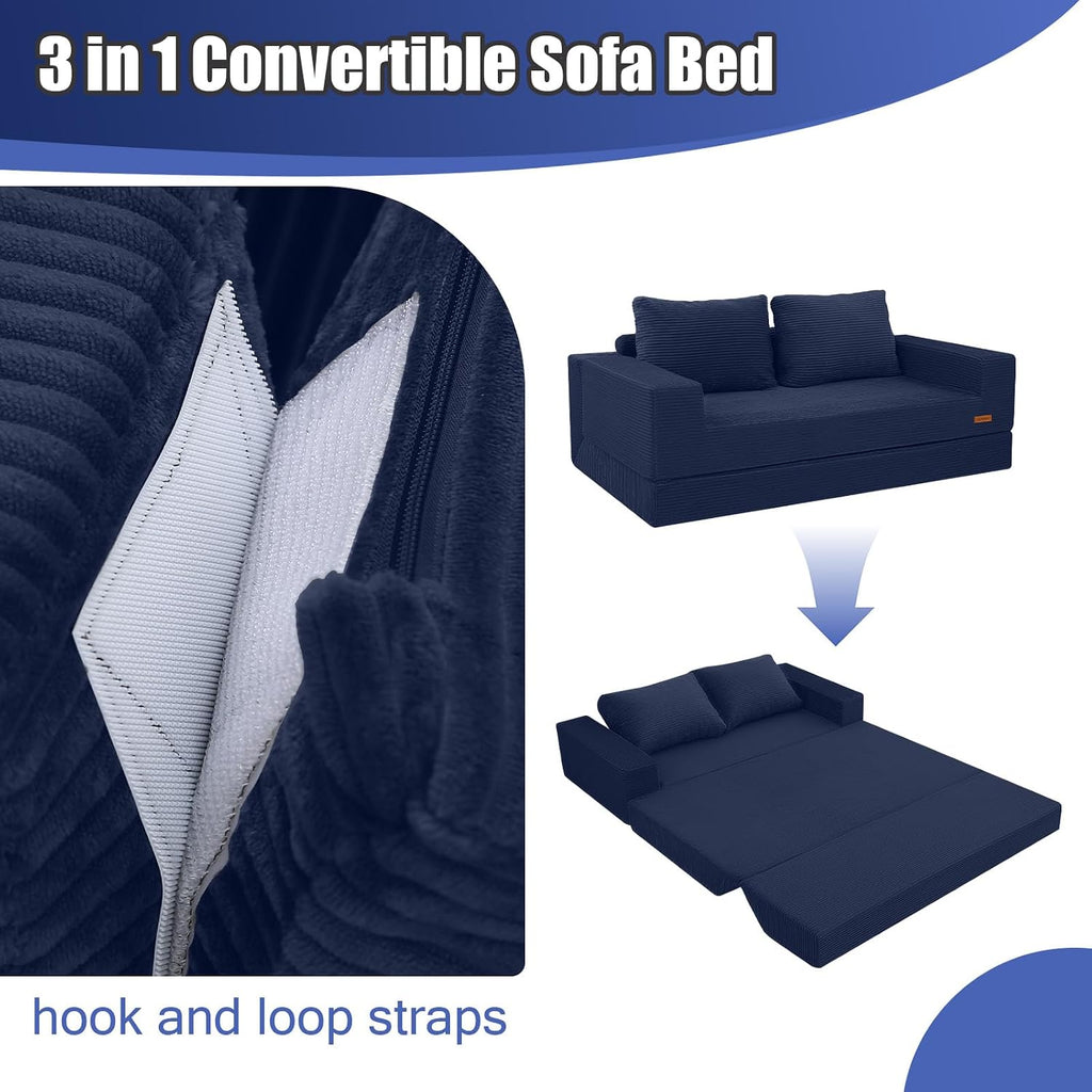 COMAX Convertible Sofa Bed Queen, Corduroy Folding Floor Couch Pull Out Couch Bed Futon Sleeper with Pillows, Fold Out Boneless Sofa Comfy Lounge Mattress Loveseat for Living Room Bedroom, Navy