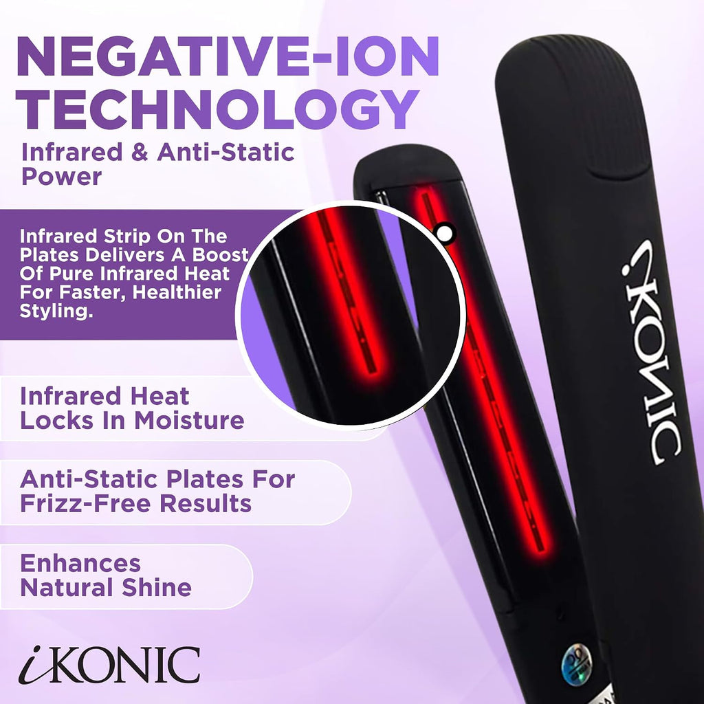 IKonic 100% Tourmaline Ceramic Hair Straightener & Curler– Anti-Static Infrared Ionic 2-in-1 Dual Voltage Flat Iron –1' Floating Plates, Adjustable Temp 140–450°F, Frizz-Free & Fast Heat Hair Iron