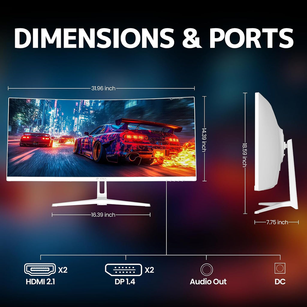 CRUA 34' Curved Gaming Monitor, WQHD 3440x1440, 120Hz Computer Monitors, 1500R VA Screen, 120% sRGB, AMD FreeSync, Blue Light Filter, HDMI 2.0 & DP 1.4, Wall Mountable Installs- White