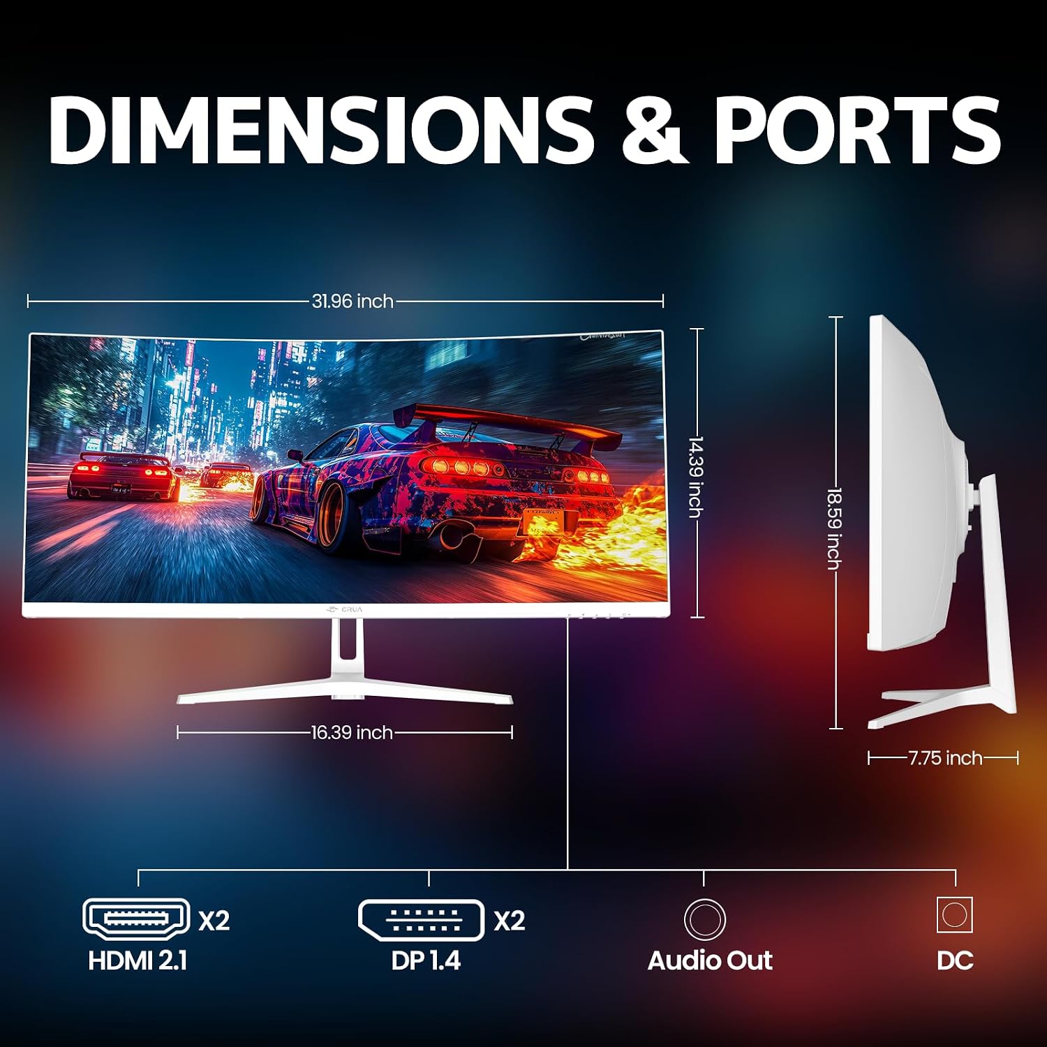 CRUA 34' Curved Gaming Monitor, WQHD 3440x1440, 120Hz Computer Monitors, 1500R VA Screen, 120% sRGB, AMD FreeSync, Blue Light Filter, HDMI 2.0 & DP 1.4, Wall Mountable Installs- White