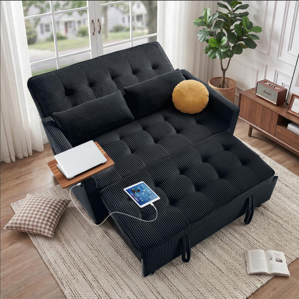 Sleeper Sofa Bed, 54'' Convertible Pull Out Couch with Small Table| USB Port | Side Pockets | Corduroy Fabric | Adjustable Backrest for Apartment, Office, Bedroom, Guest Room (Black)