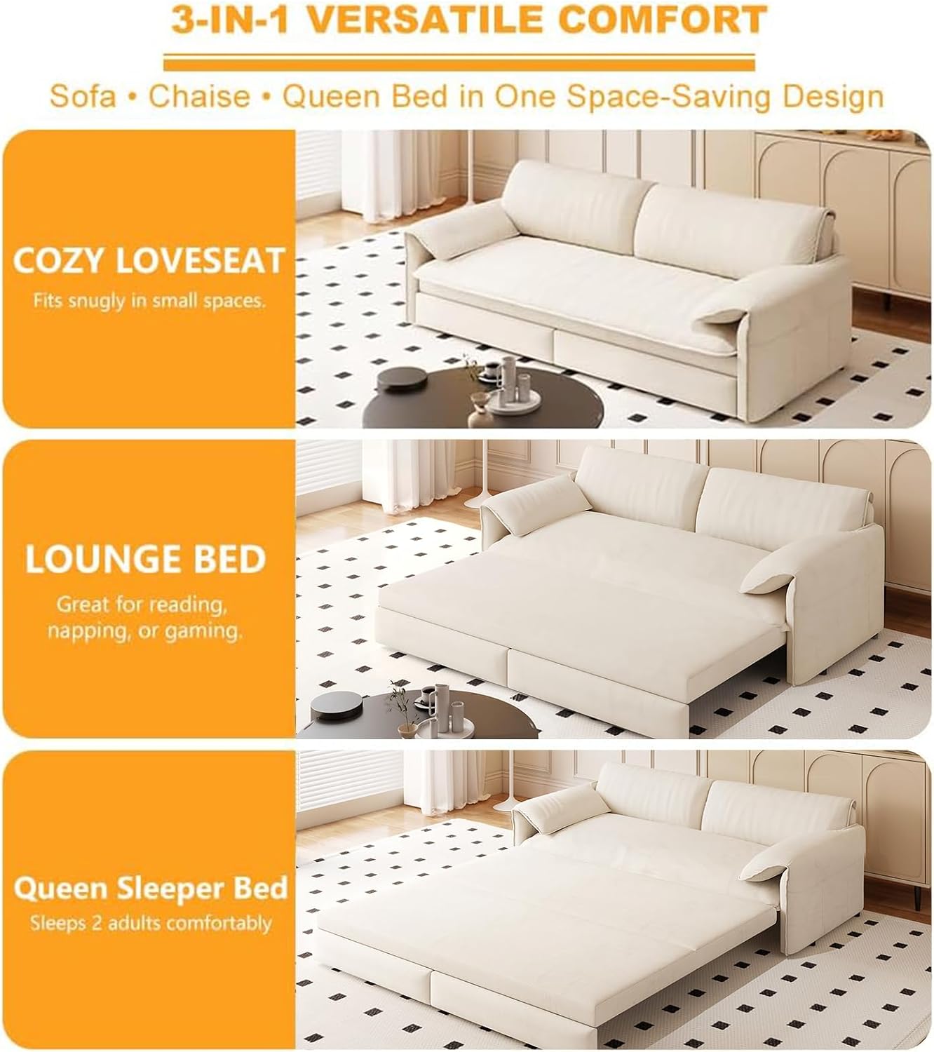 66' Sofa Bed Queen Size, Pull Out Couch Bed, 3-in-1 Convertible Sleeper Sofa with Side Pocket, Modern Velvet Futon Couch for Living Room, Small Space, Apartment, Bedroom, Beige