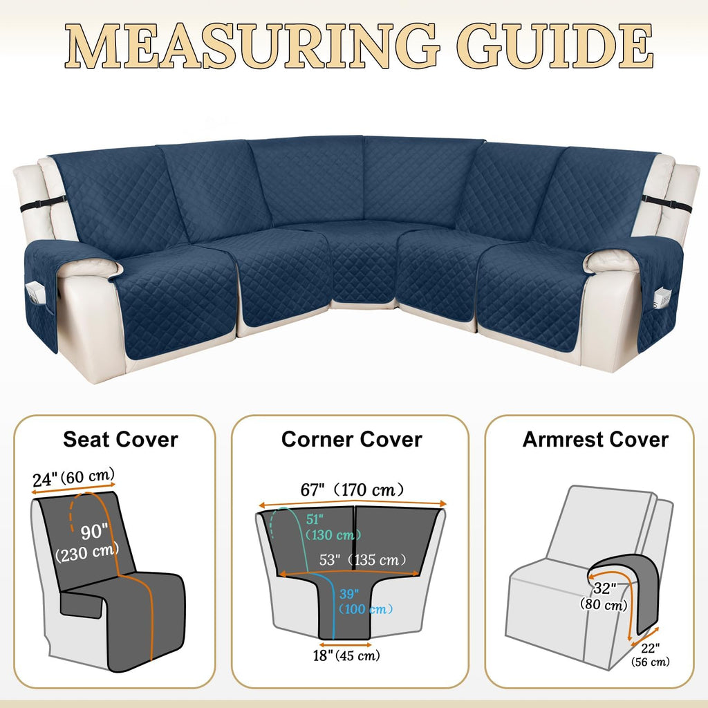 HDCAXKJ 100% Waterproof Velvet Recliner Sectional Couch Covers L Shaped Corner Reclining Sofa Cover Washable Thick Non Slip Sectional Slipcover with Pockets (5 Seat Recliner Couch, Dark Blue)